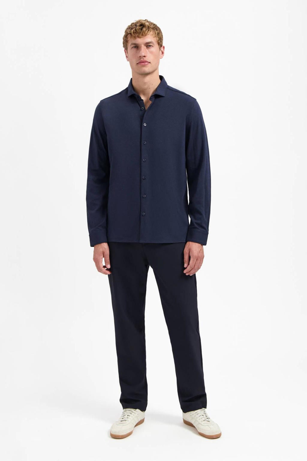 Donkerblauwe heren No Excess jersey casual overhemd van viscose met melée print, lange mouwen, klassieke kraag en knoopsluiting
