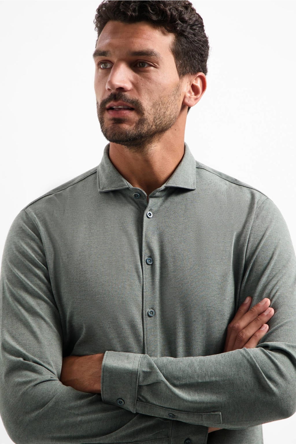Grijsgroene heren No Excess jersey casual overhemd groen van viscose met melée print, lange mouwen, klassieke kraag en knoopsluiting