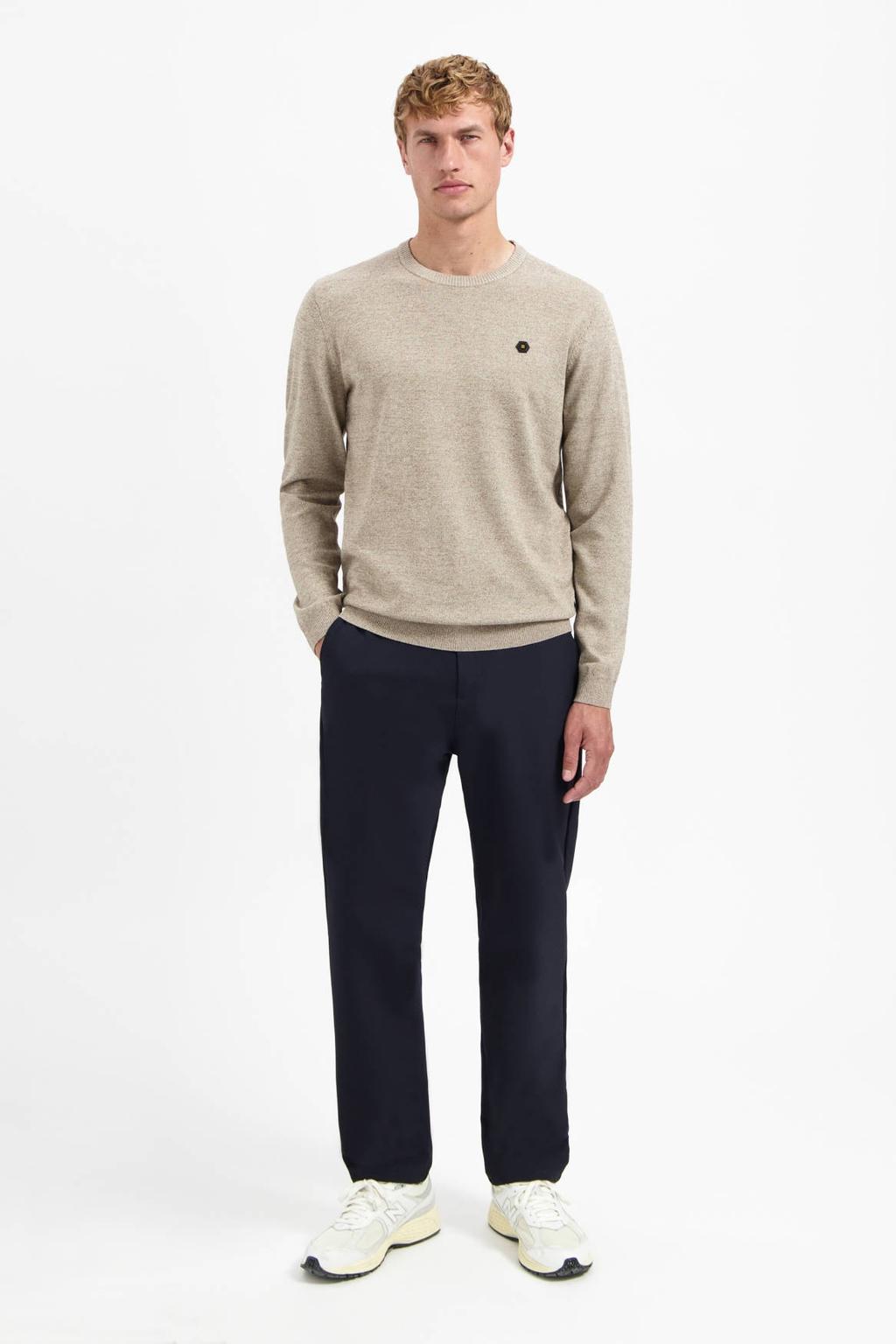 Beige heren No Excess pullover fijn gebreid van katoen met effen, lange mouwen en ronde hals