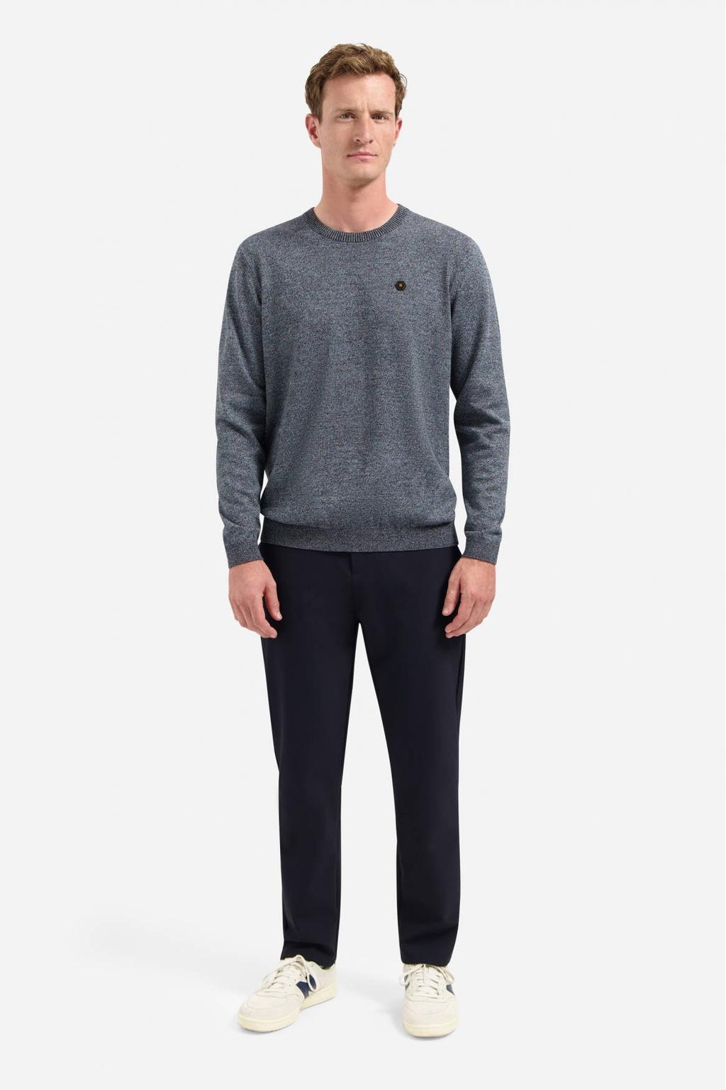 Blauwe heren No Excess pullover fijn gebreid van katoen met melée print, lange mouwen en ronde hals