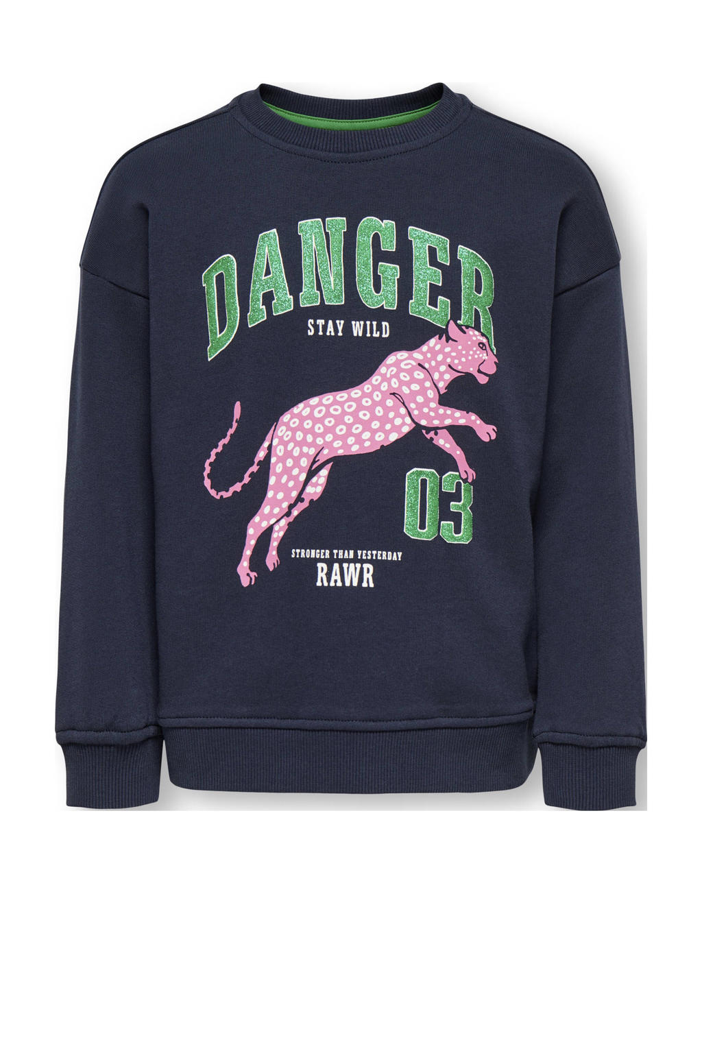 Donkerblauwe meisjes KIDS ONLY MINI sweater met printopdruk, lange mouwen, ronde hals en geribde boorden