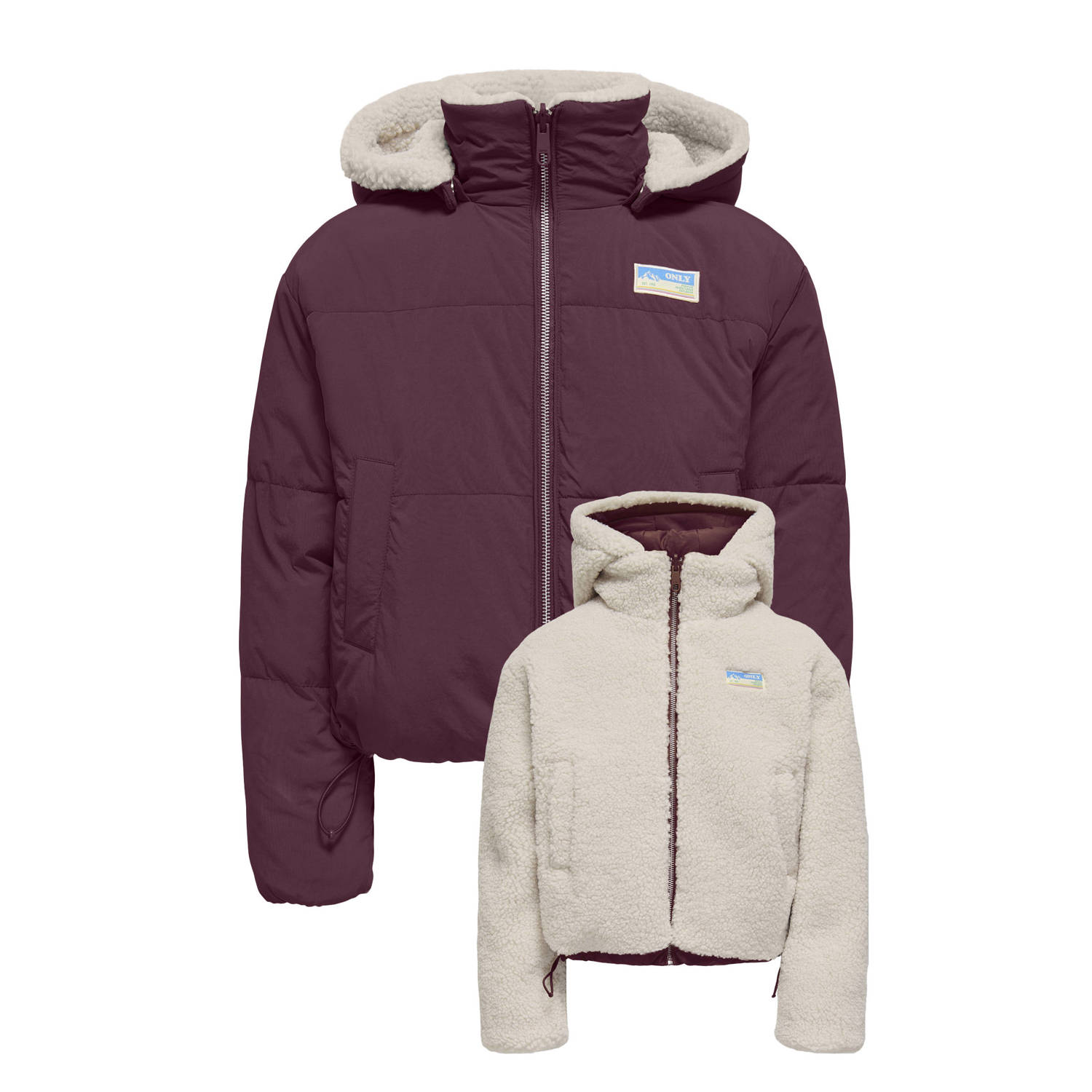 ONLY KIDS GIRL reversible gewatteerde winterjas donkerrood ecru