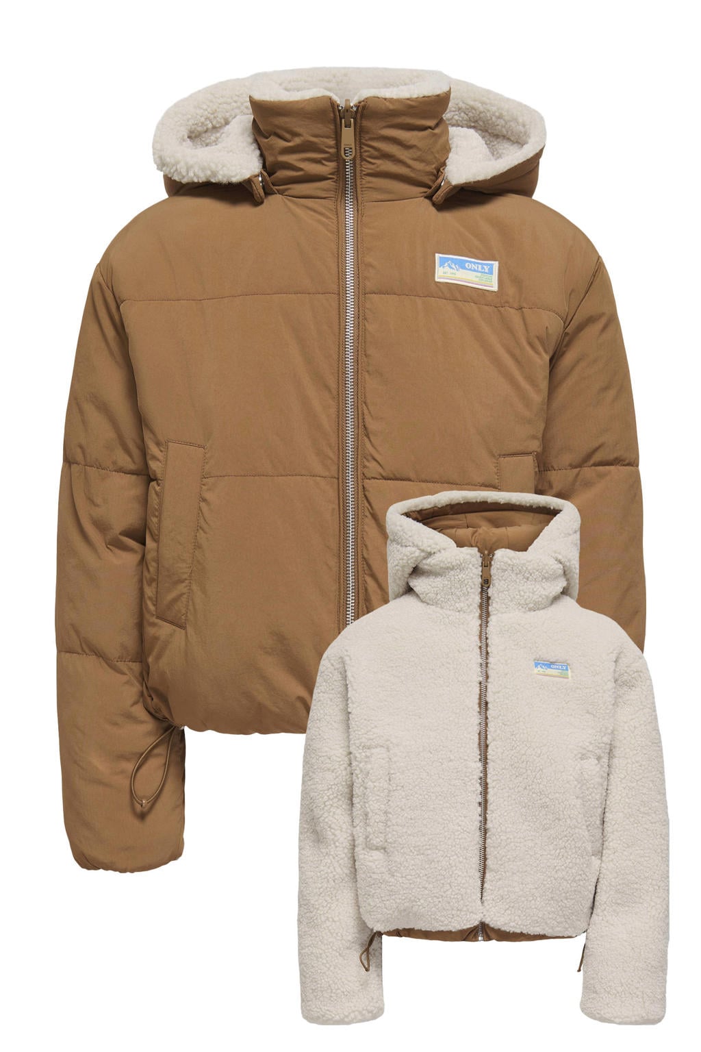 Bruin, lichtbruin en ecru meisjes KIDS ONLY GIRL reversible gewatteerde winterjas van nylon met effen, lange mouwen, capuchon en ritssluiting