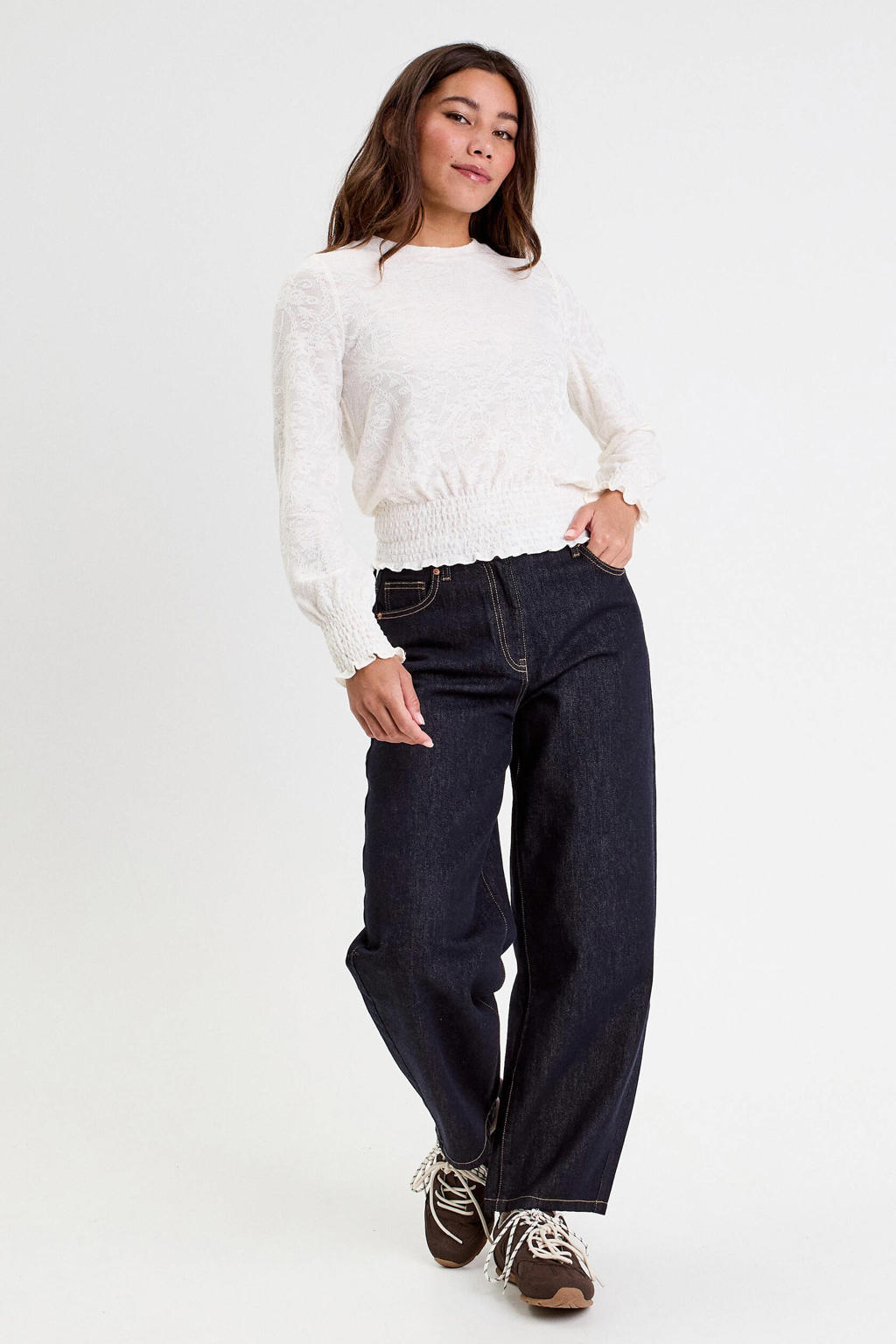 Ecru dames Cache Cache top van polyester met effen, lange mouwen en ronde hals