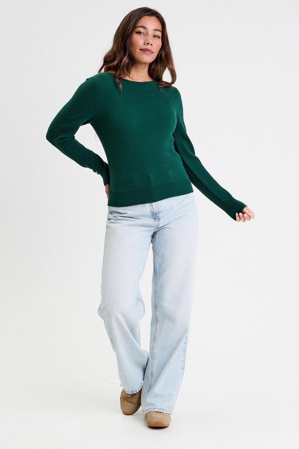 Donkergroene dames Cache Cache gebreide trui van viscose met effen, lange mouwen en boothals