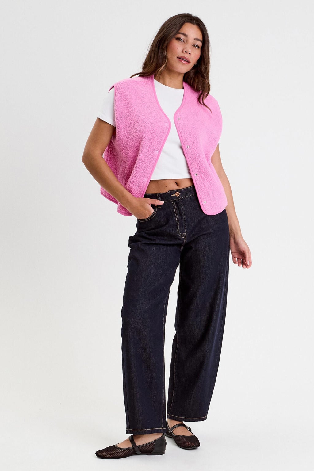 Roze dames Cache Cache teddy gilet met effen, ronde hals en drukknoopsluiting