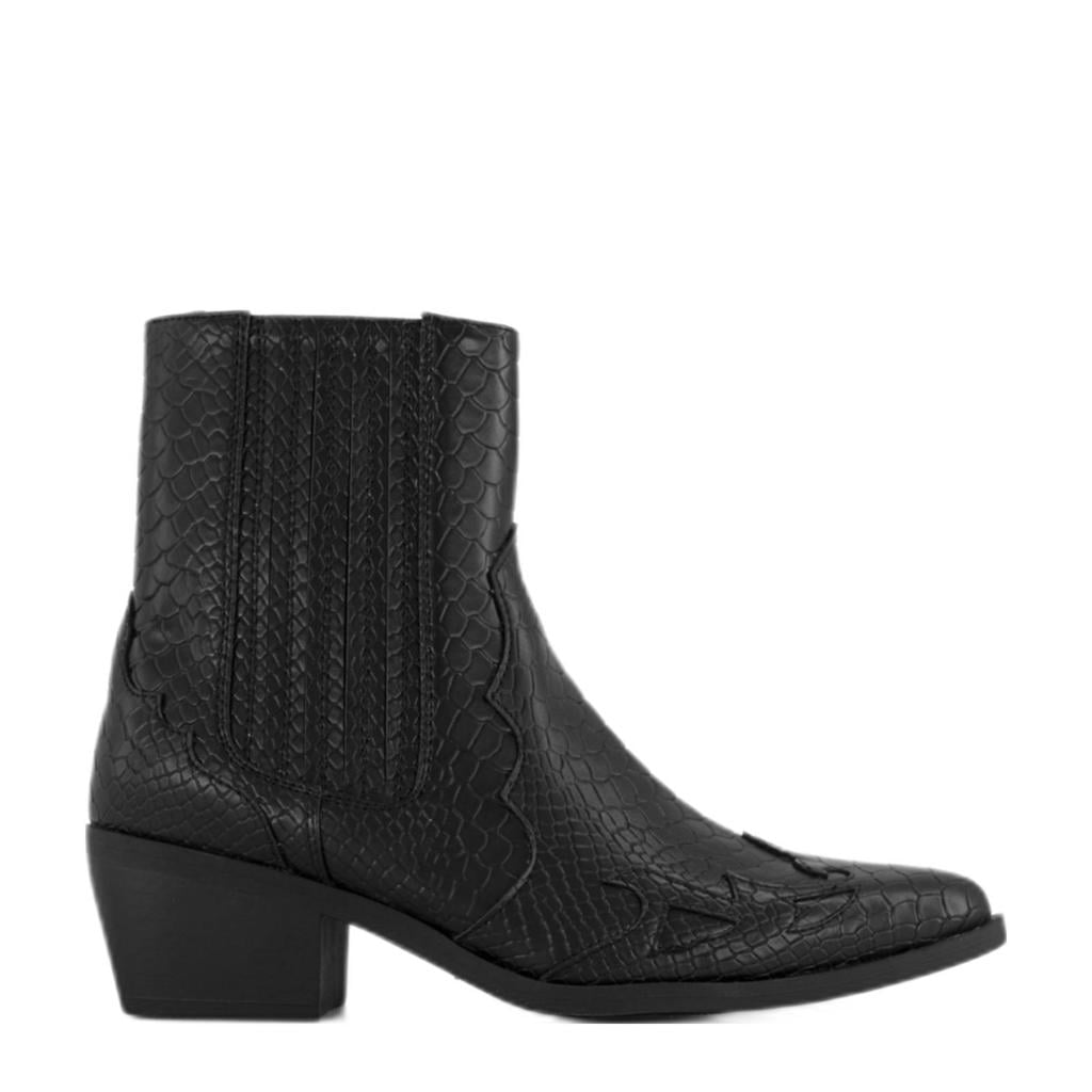 Zwarte dames Graceland cowboylaarzen van imitatieleer met ritssluiting en reptielenprint