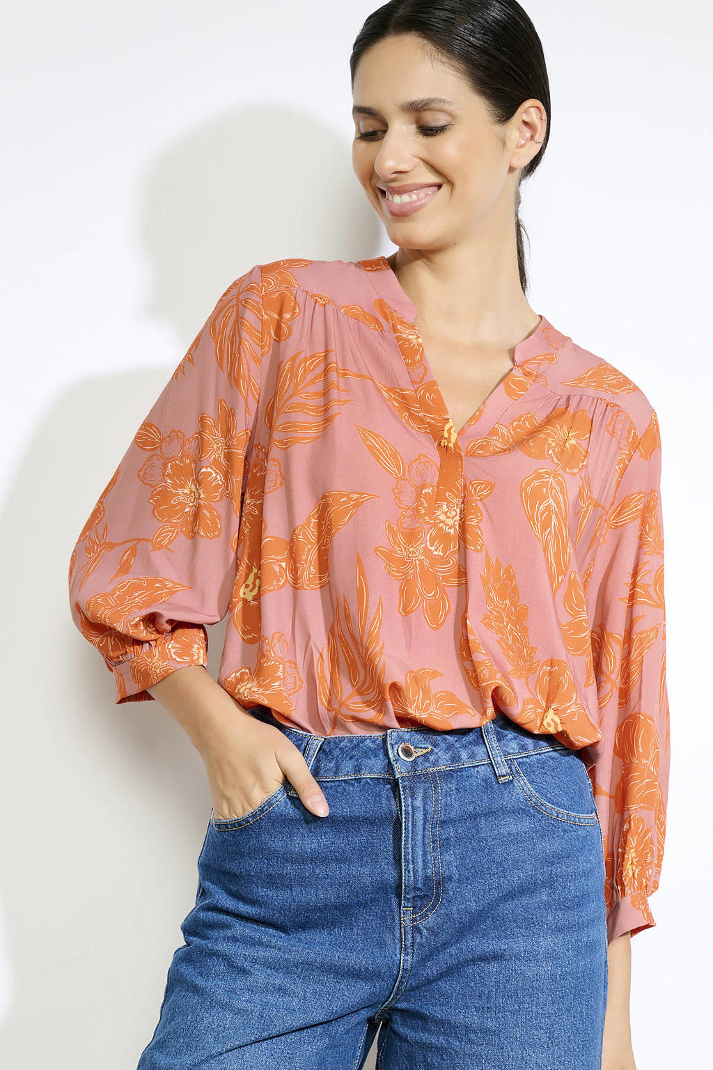 Oranje dames LOLALIZA top van viscose met bloemenprint en driekwart mouwen
