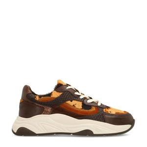 chunky sneakers met ponyhair en koeienprint bruin