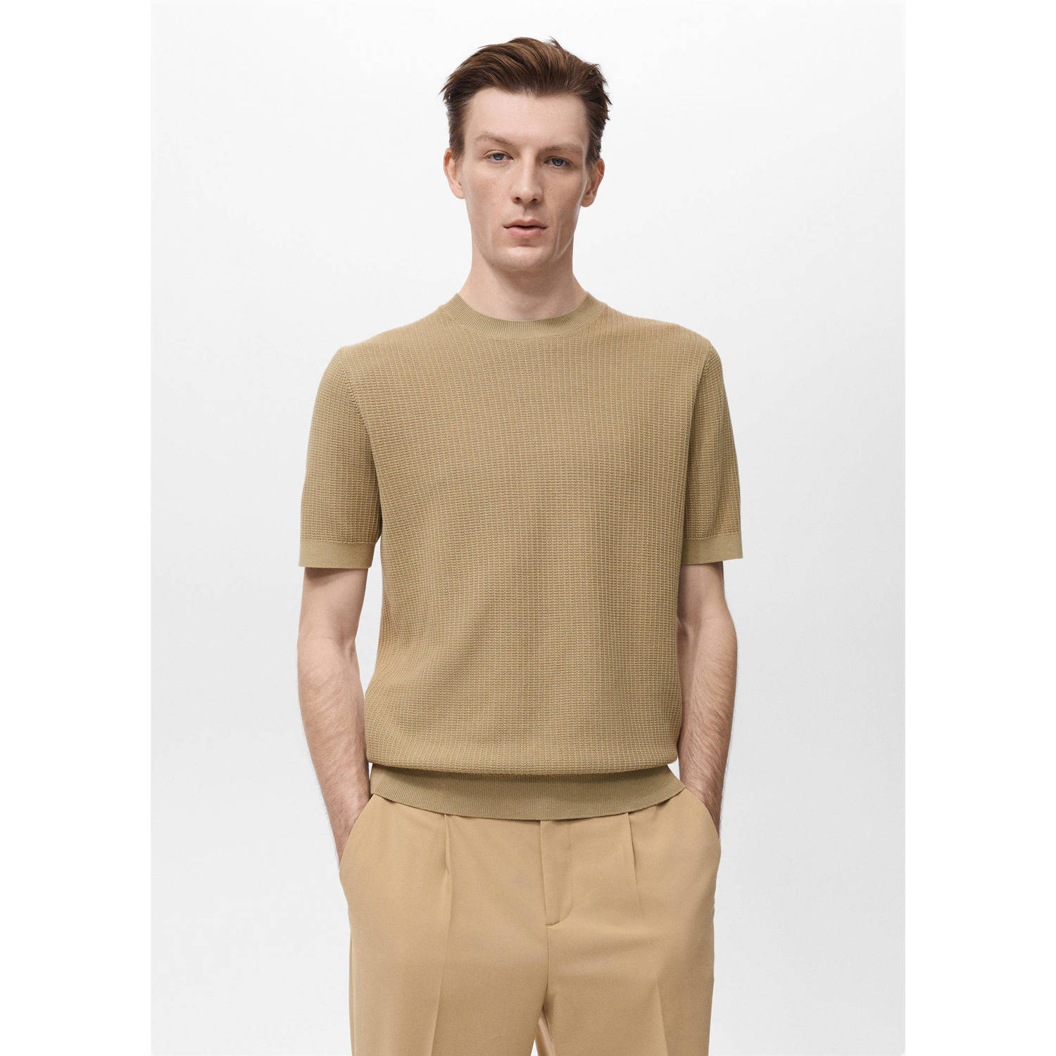 Mango Man regular T-shirt gebreid beige