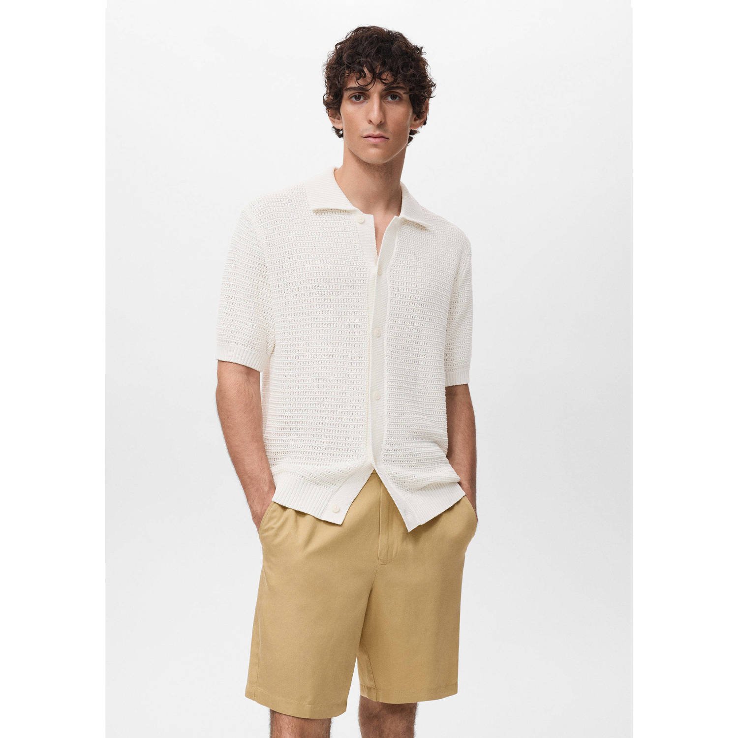 Mango Man casual overhemd gebreid ecru