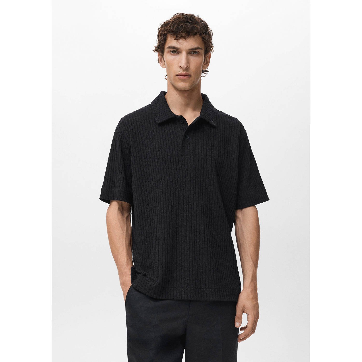 Mango Man rechtvallend polo gebreid zwart