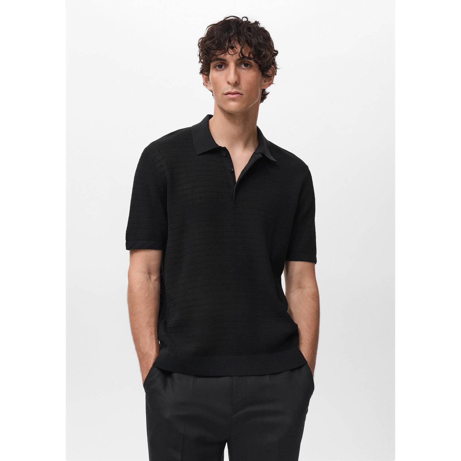 Mango Man rechtvallend polo gebreid zwart