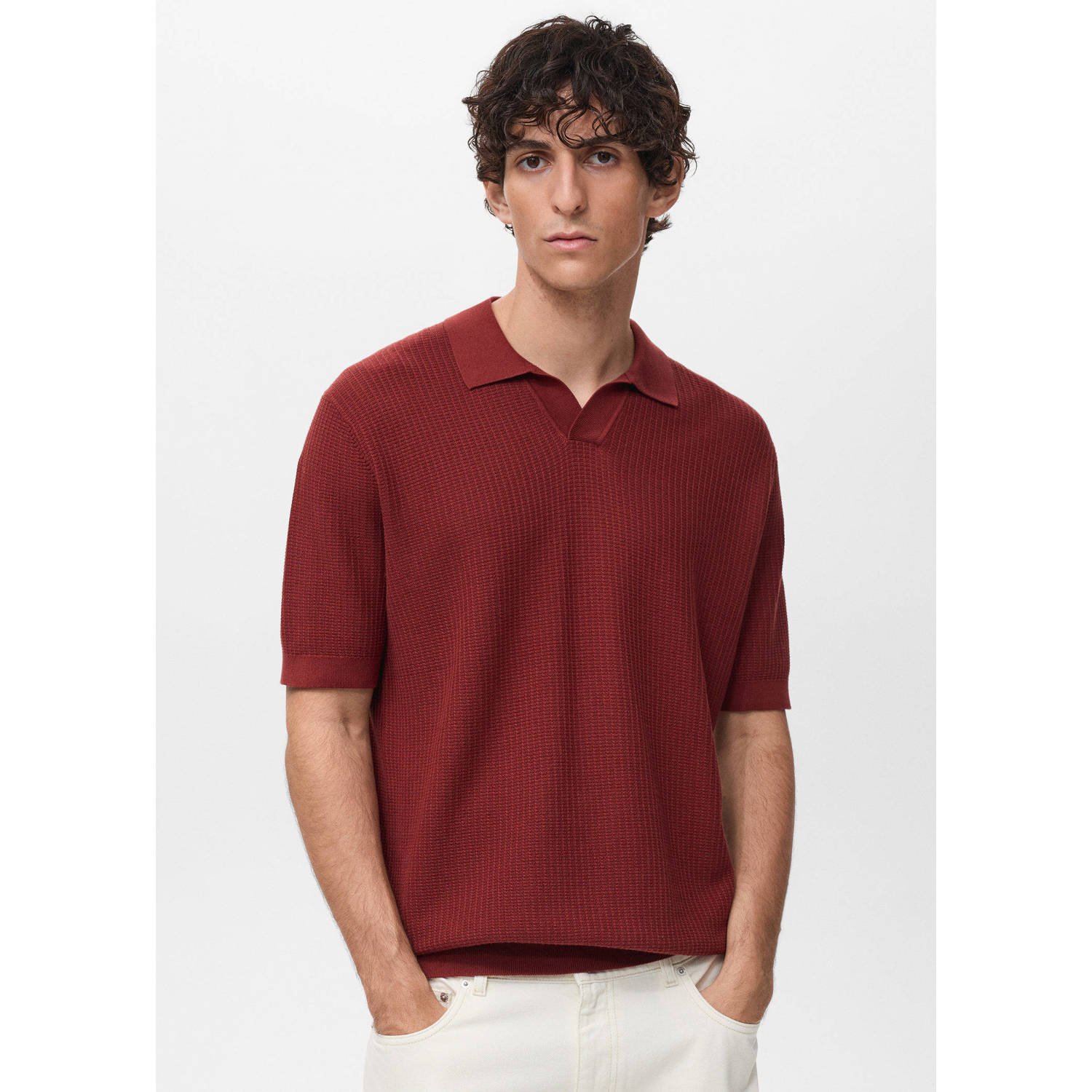Mango Man rechtvallend polo gebreid donkerrood