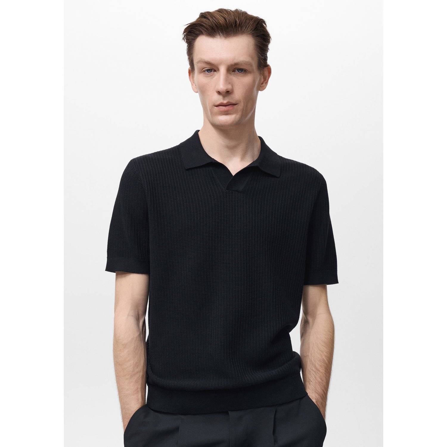 Mango Man rechtvallend polo gebreid zwart