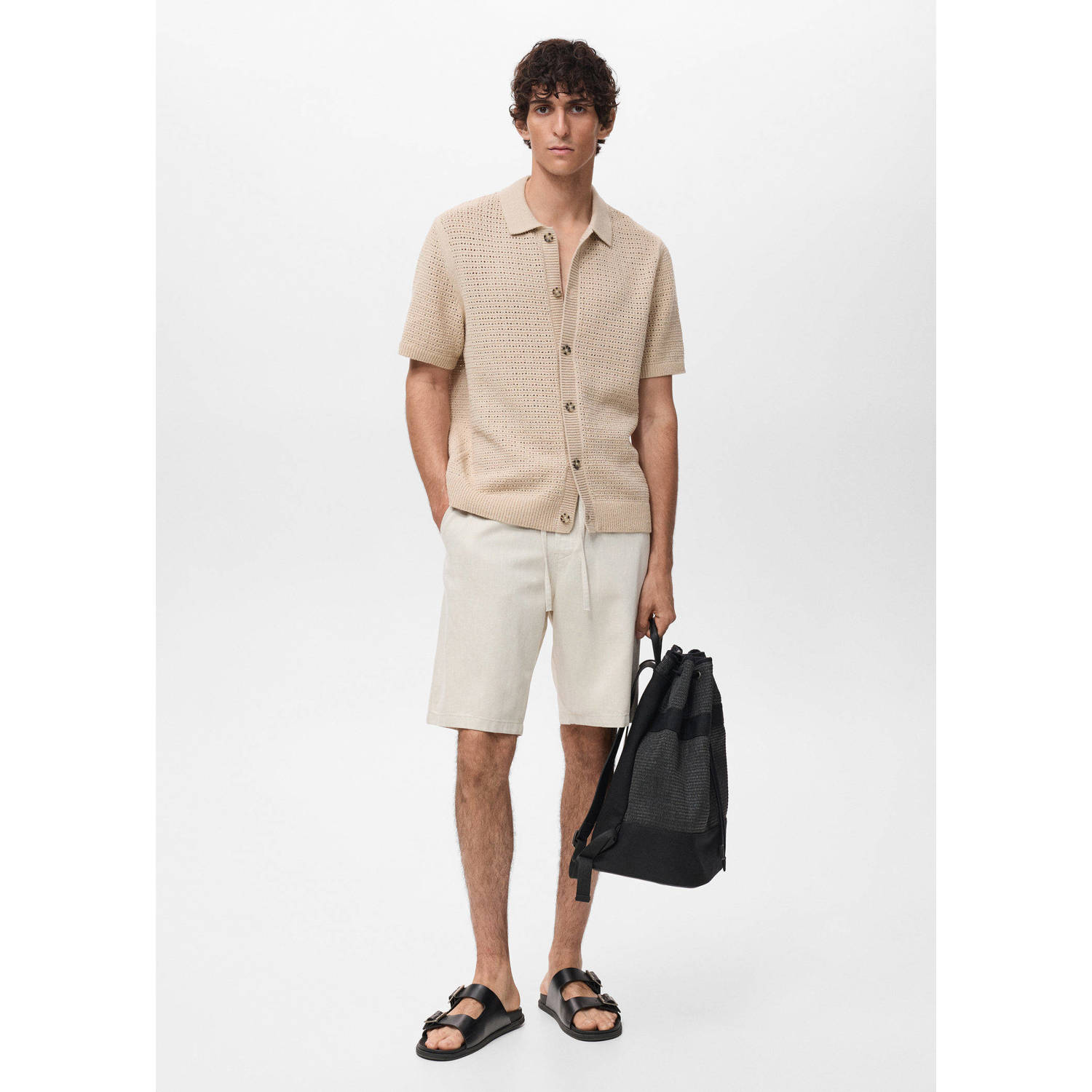 Mango Man casual overhemd gebreid beige