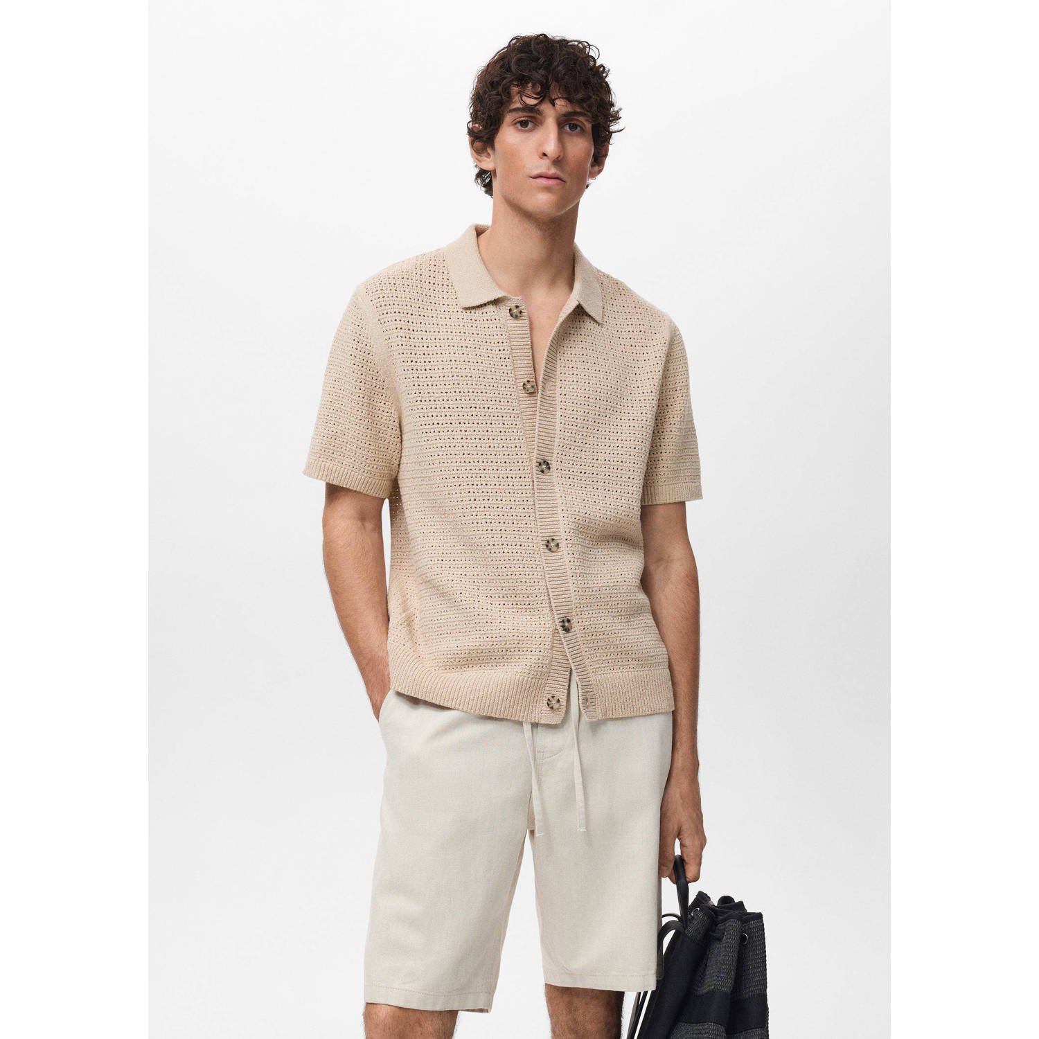 Mango Man casual overhemd gebreid beige