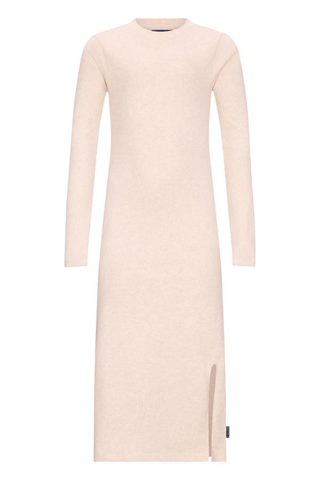Beige meisjes Retour Jeans maxi jurk rib gebreid van stretchkatoen met effen, lange mouwen en ronde hals