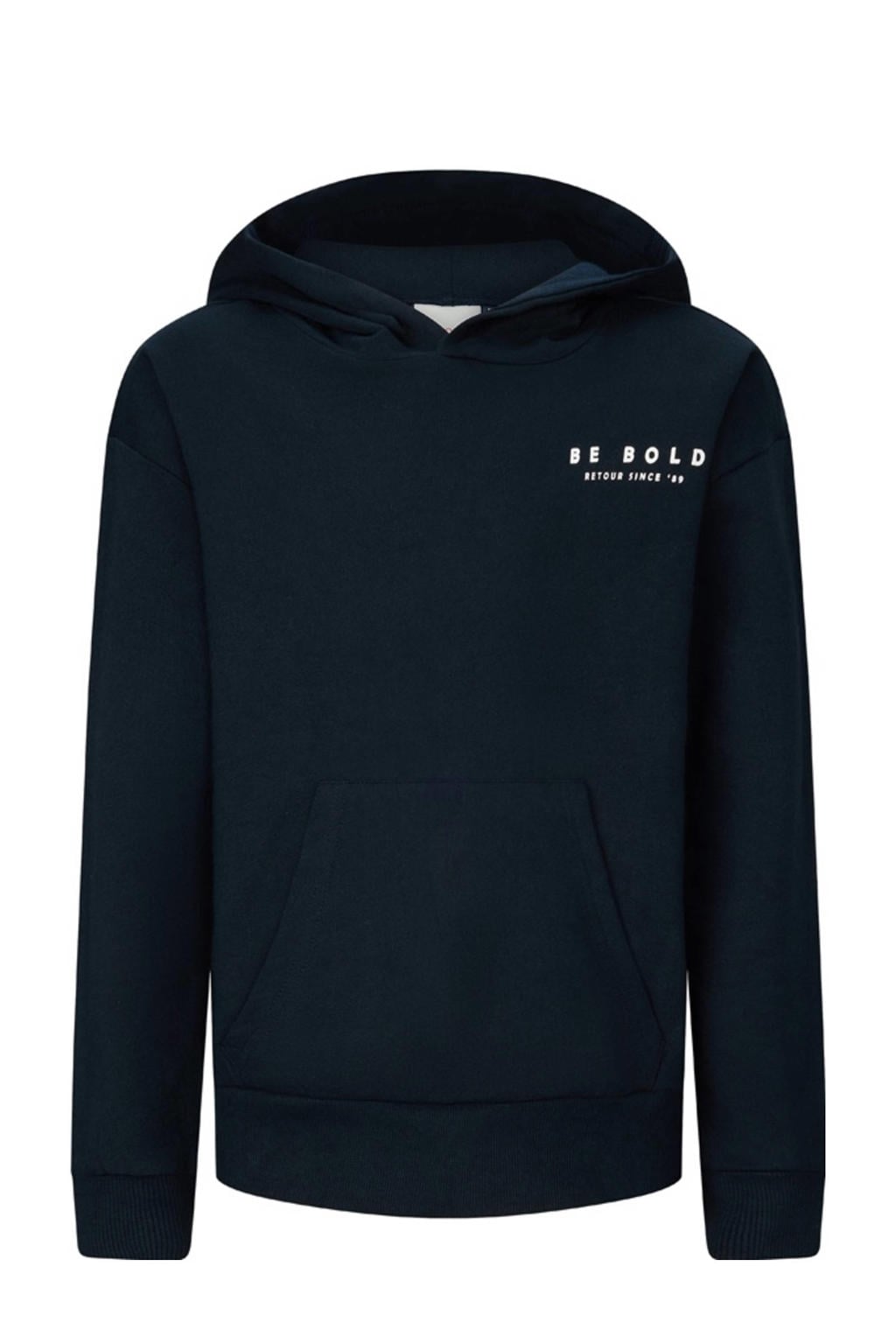 Donkerblauwe jongens Retour Jeans hoodie van sweat materiaal met backprint, lange mouwen en capuchon