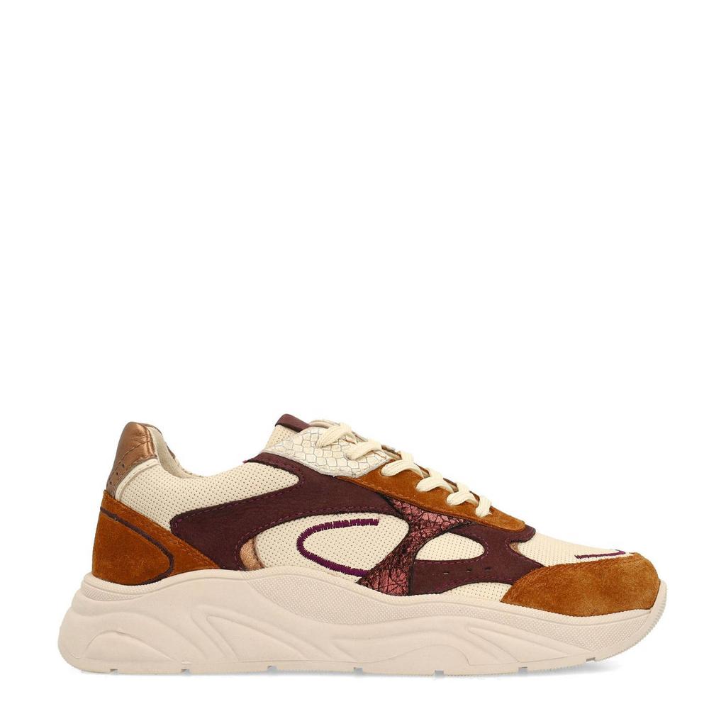 Beige en cognackleurige dames Sacha leren chunky sneakers met veters