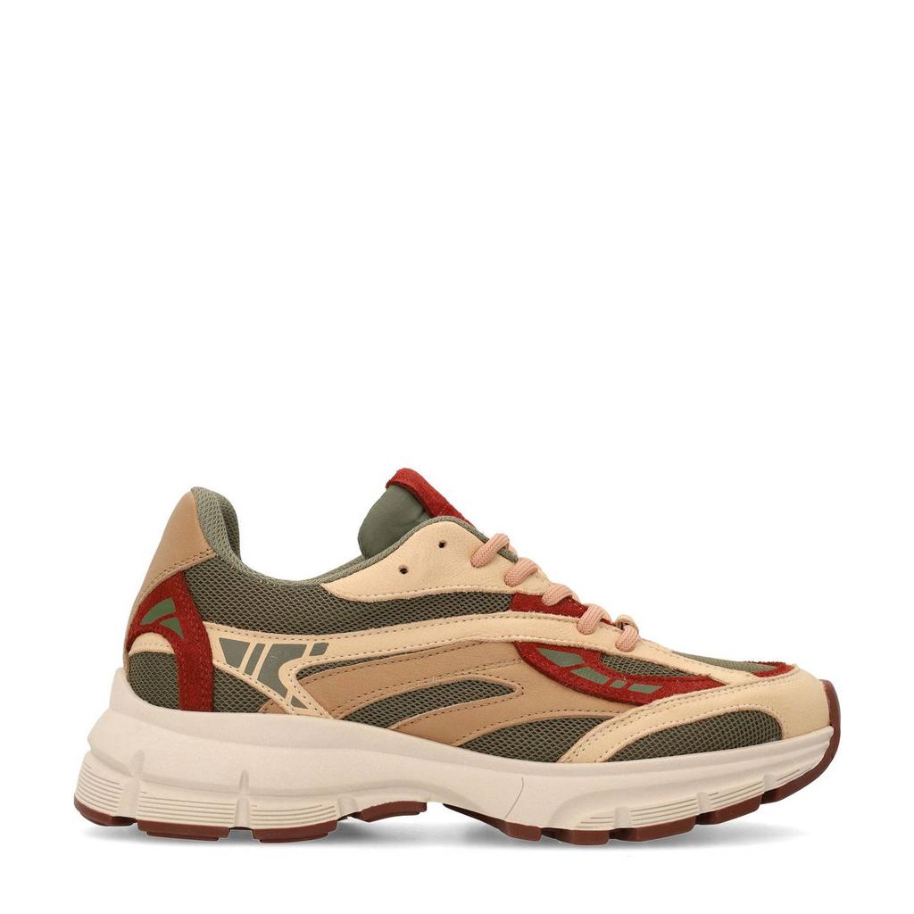 Groen en bordeaux dames Sacha chunky leren sneakers beige met veters