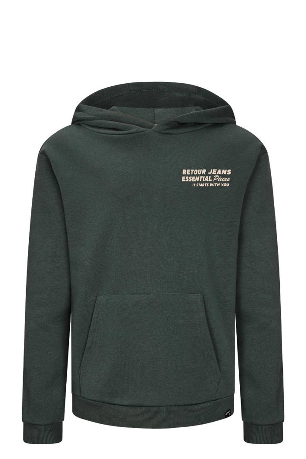 Donkergroene jongens Retour Jeans hoodie van sweat materiaal met effen, lange mouwen en capuchon