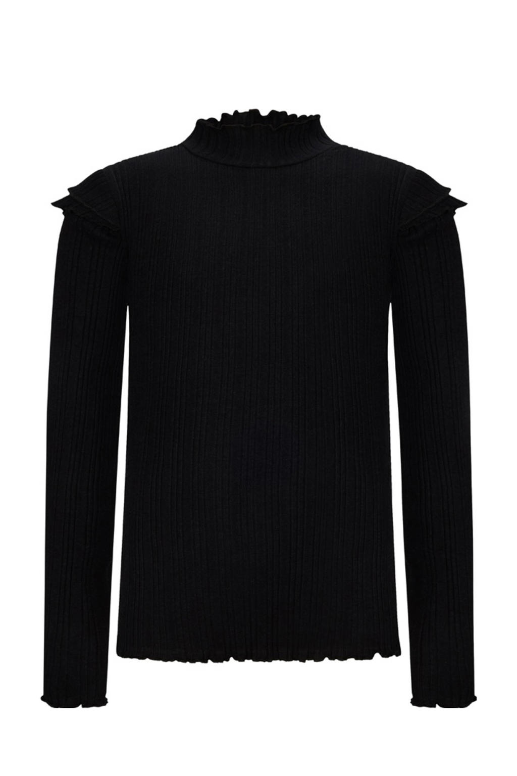 Zwarte meisjes Retour Jeans longsleeve van stretchkatoen met effen, lange mouwen, opstaande kraag en ruches