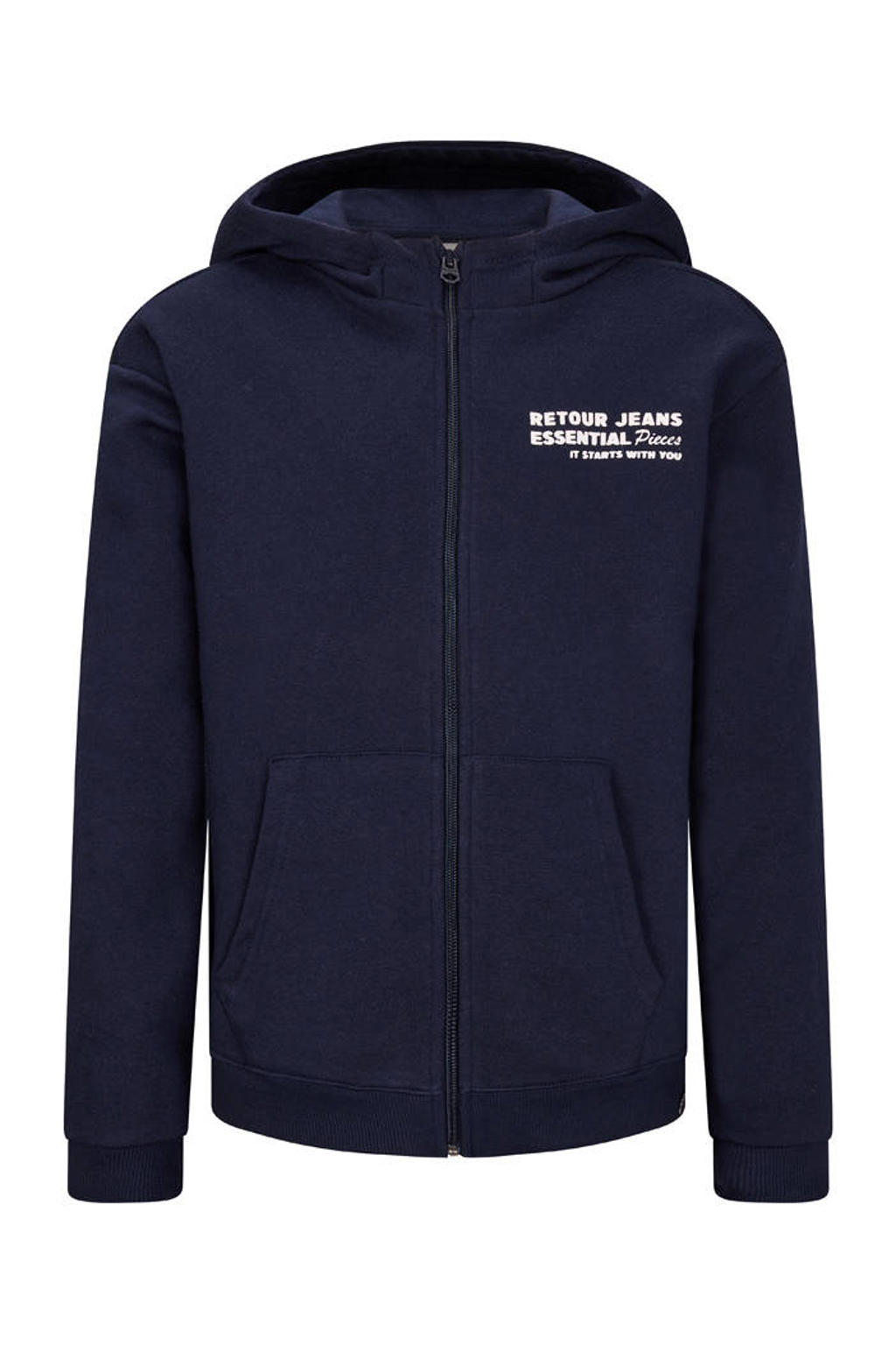 Blauwe jongens Retour Jeans sweatvest van stretchkatoen met lange mouwen, capuchon en ritssluiting