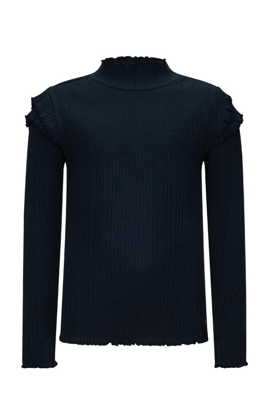 Donkerblauwe meisjes Retour Jeans longsleeve van stretchkatoen met effen, lange mouwen, opstaande kraag en ruches
