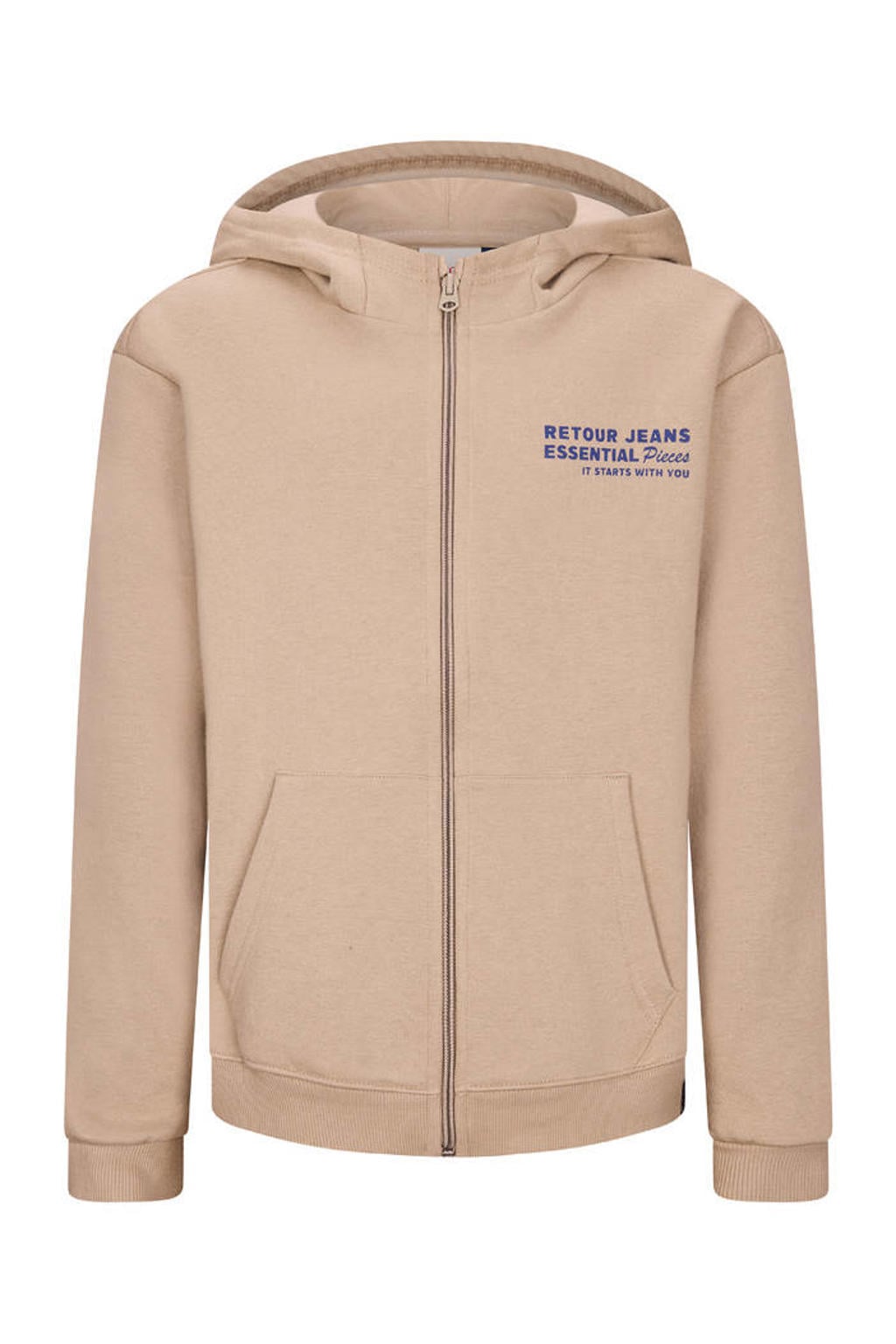 Beige jongens Retour Jeans sweatvest van stretchkatoen met lange mouwen, capuchon en ritssluiting