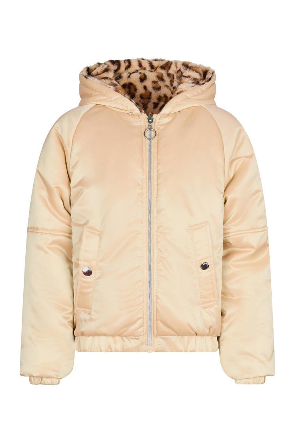Goud en bruine meisjes Retour Jeans reversible imitatiebont winterjas lichtgoud met effen, lange mouwen, capuchon en ritssluiting
