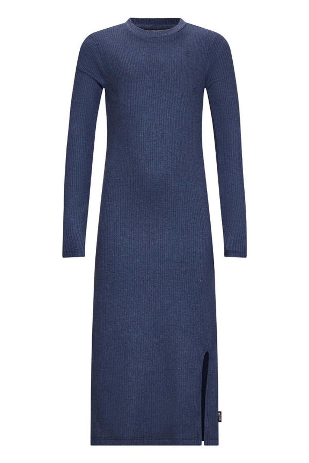 Donkerblauwe meisjes Retour Jeans maxi jurk rib gebreid van stretchkatoen met effen, lange mouwen en ronde hals
