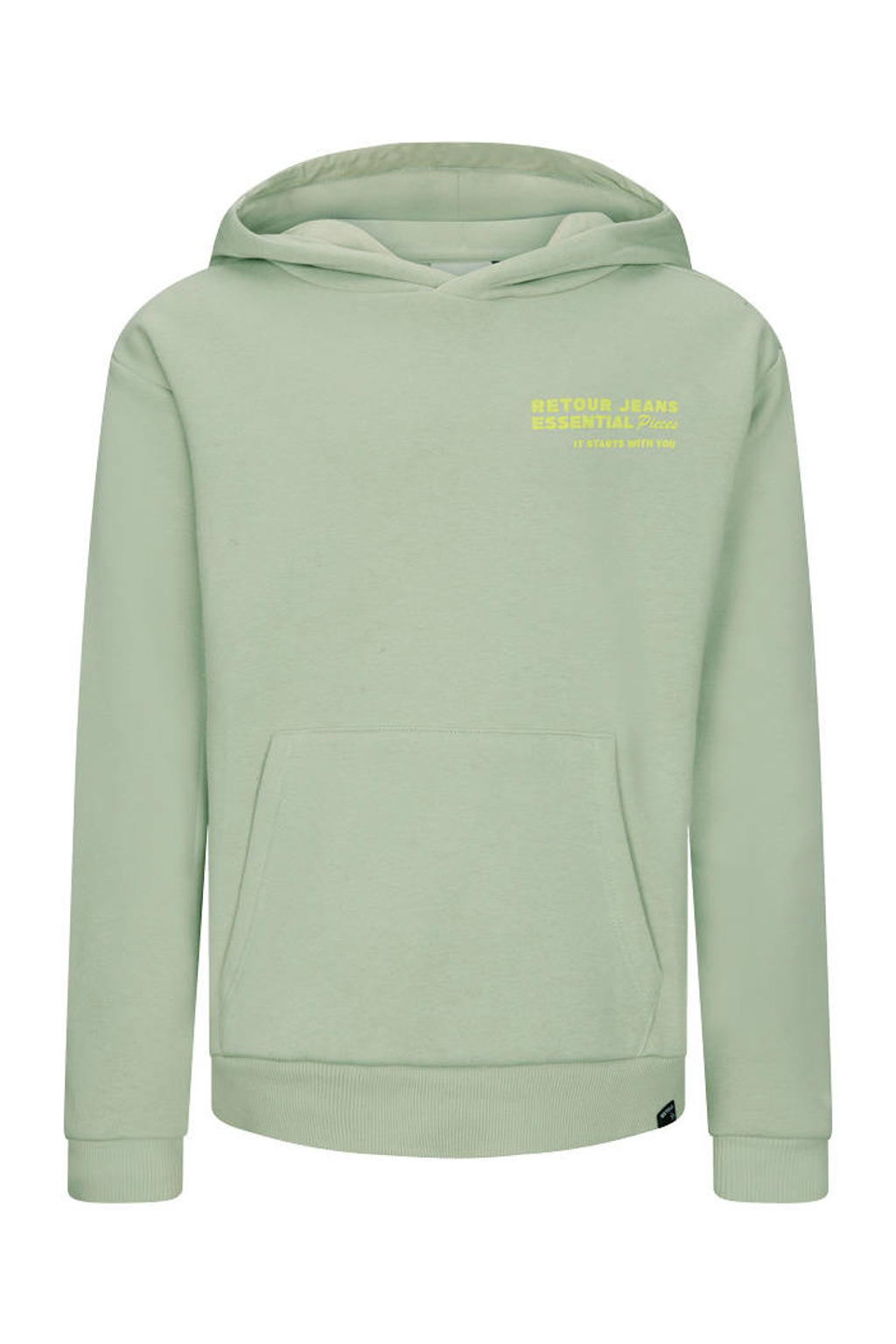 Lichtgroene jongens Retour Jeans hoodie van sweat materiaal met effen, lange mouwen en capuchon