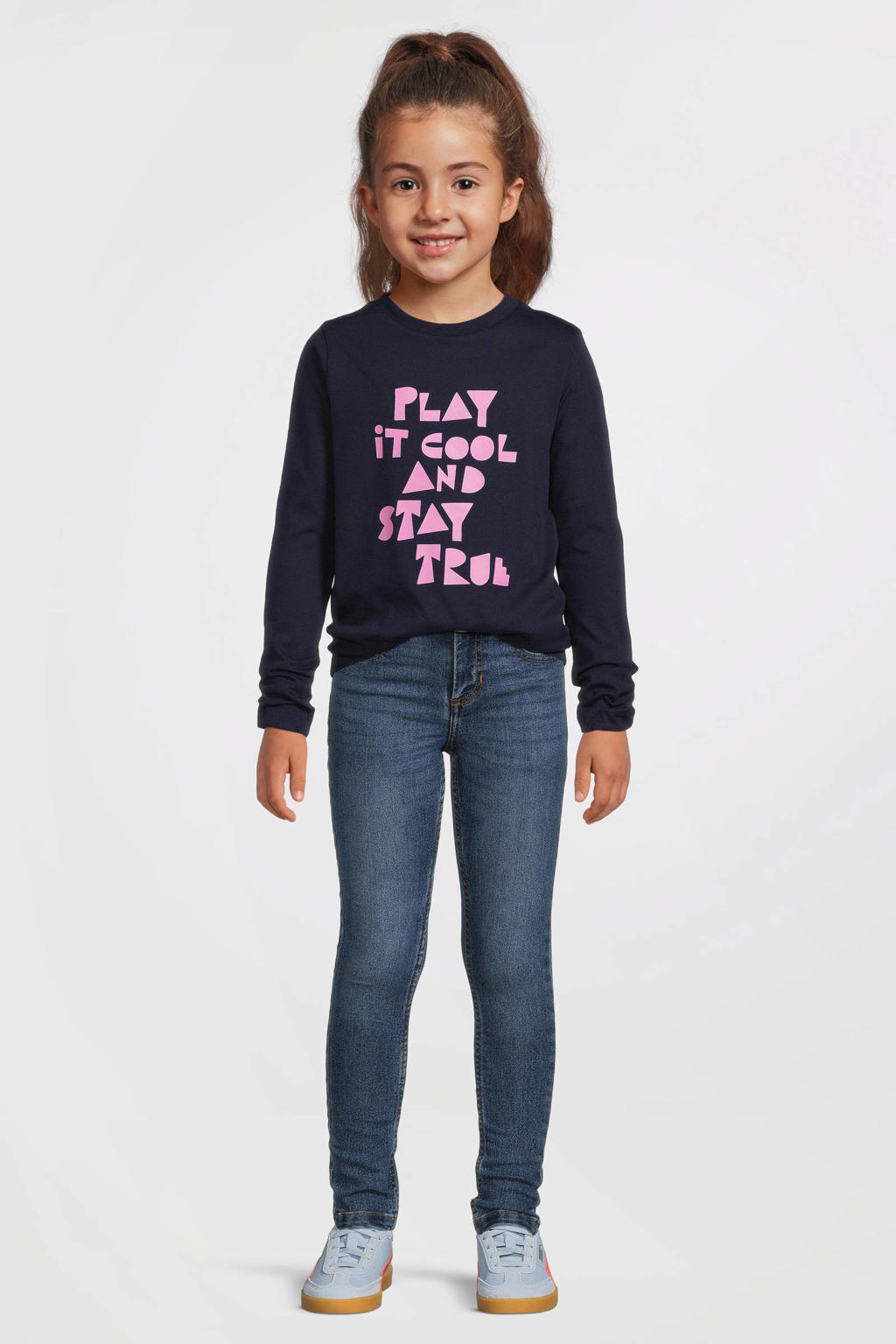 Marineblauw meisjes Anytime longsleeve van katoen met printopdruk, lange mouwen en ronde hals