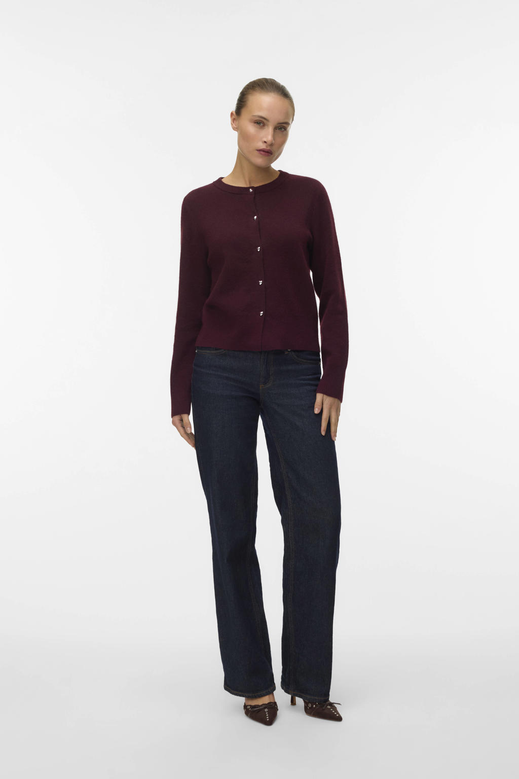 Donkerrode dames VERO MODA gebreid vest met effen, lange mouwen, ronde hals en knoopsluiting