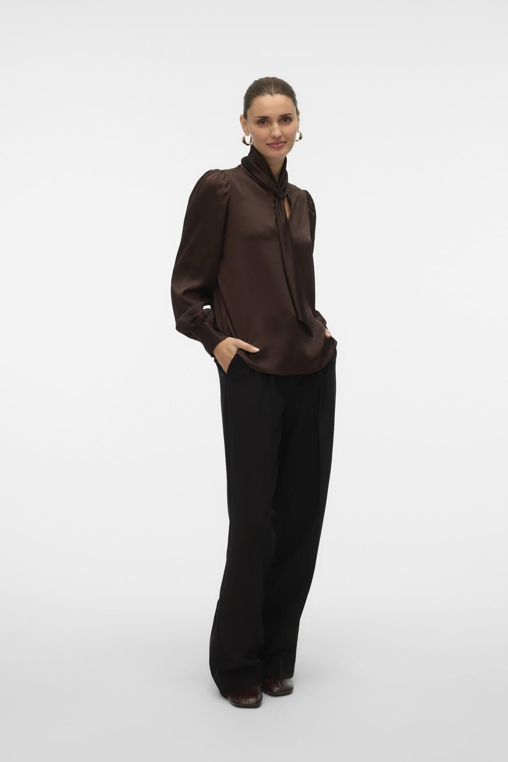 Donkerblauwe dames VERO MODA blousetop van polyester met effen, lange mouwen, sjaalkraag en geweven detail