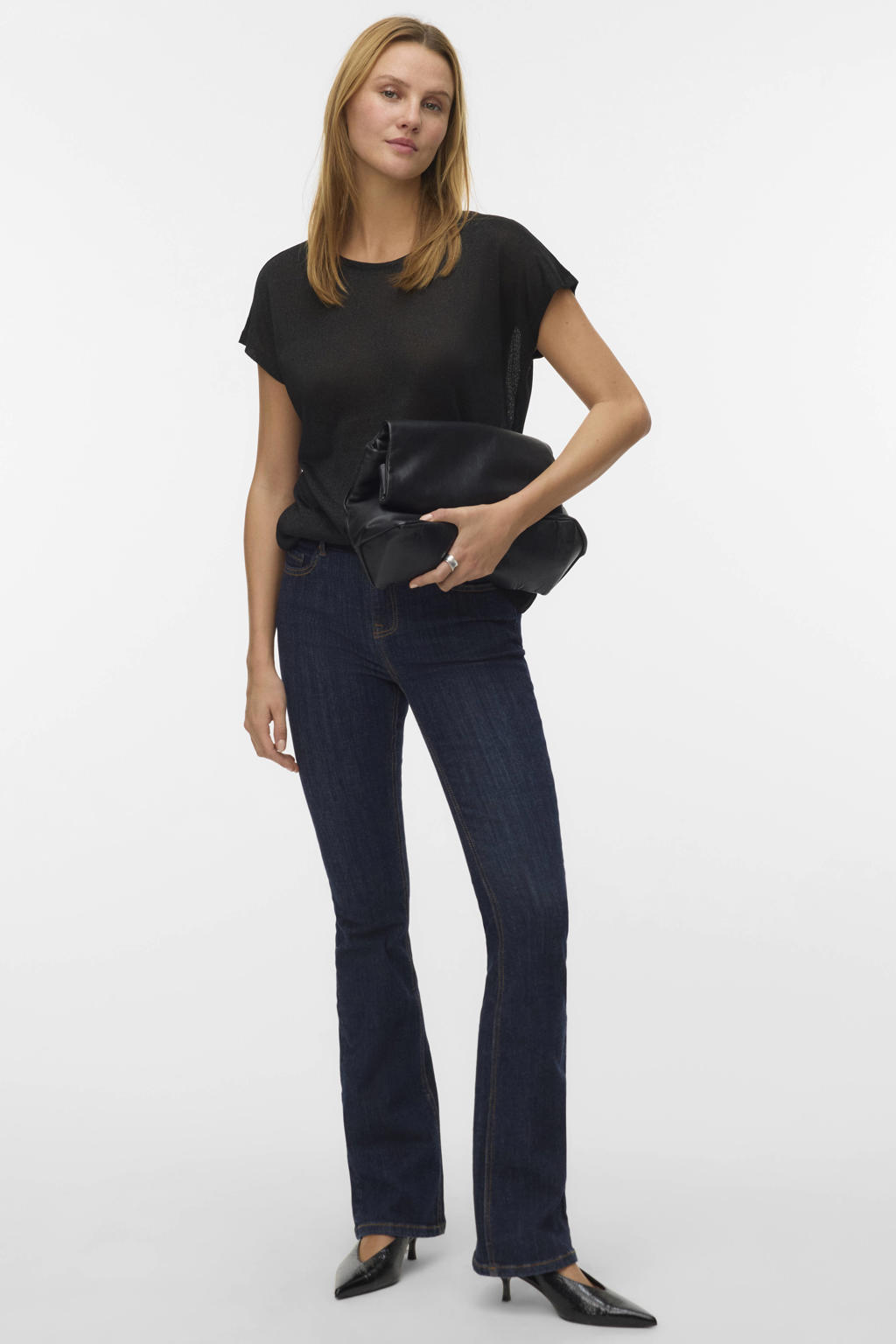 Zwarte dames VERO MODA jersey top met effen, korte mouwen, ronde hals en glitters