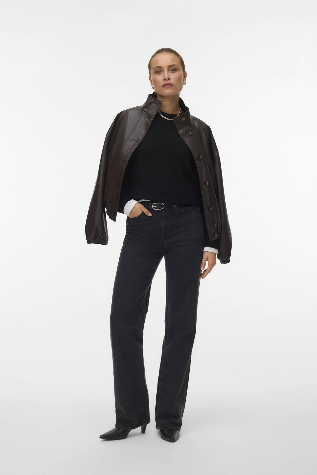 Donkerblauwe dames VERO MODA x Noor de Groot imitatieleren jasje met lange mouwen en knoopsluiting