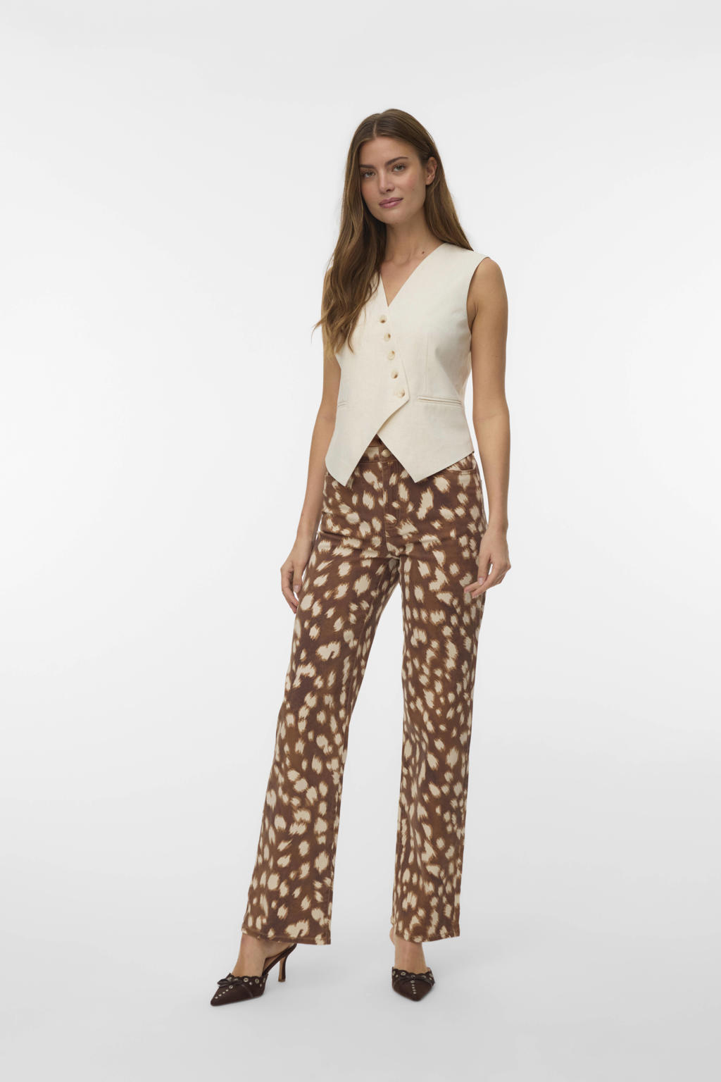 Bruine dames VERO MODA high waist wide leg jeans van denim met rits- en knoopsluiting en dierenprint