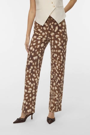 high waist wide leg jeans met panterprint bruin