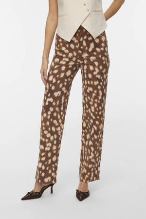 high waist wide leg jeans met panterprint bruin