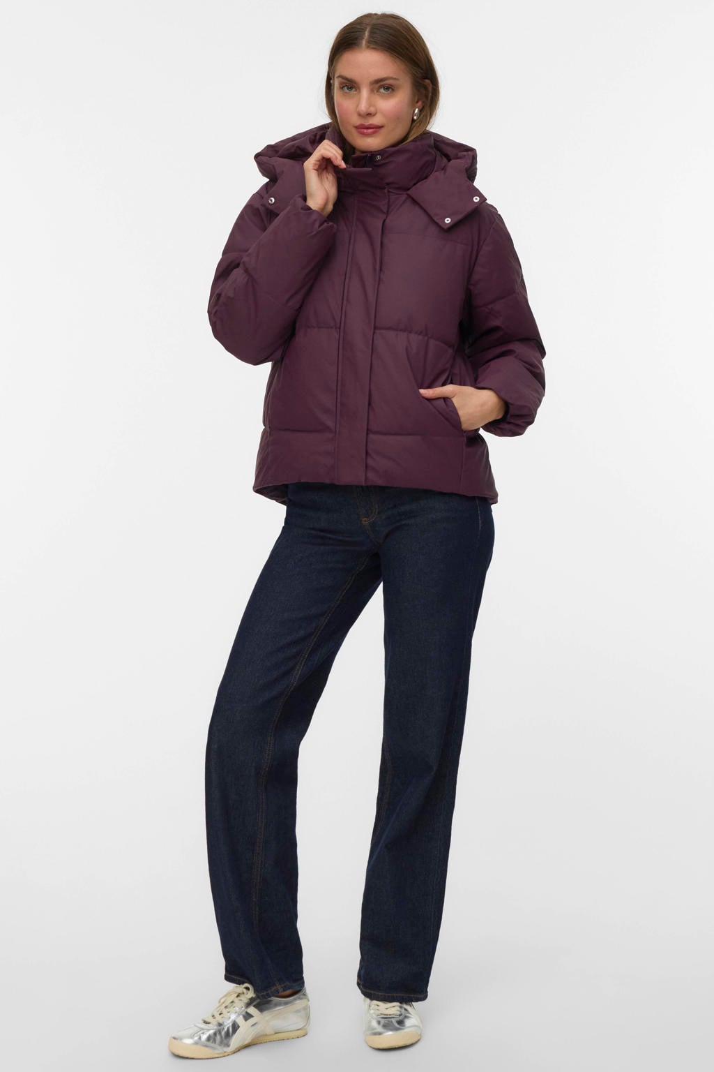 Donkerpaarse dames VERO MODA gewatteerde jas van polyester met effen, lange mouwen, capuchon en rits- en drukknoopsluiting