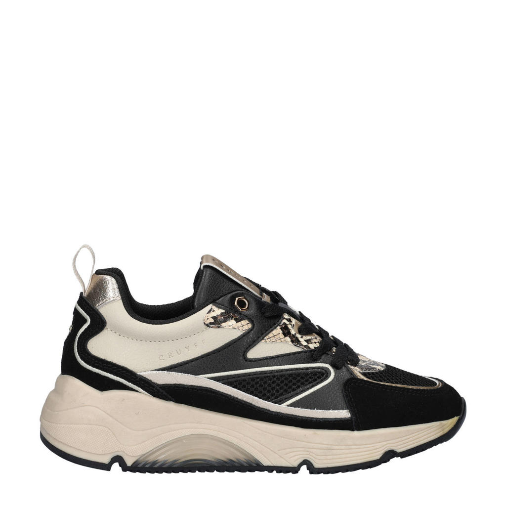 Zwart en beige dames Cruyff Madina chunky sneakers van suède en imitatieleer met veters