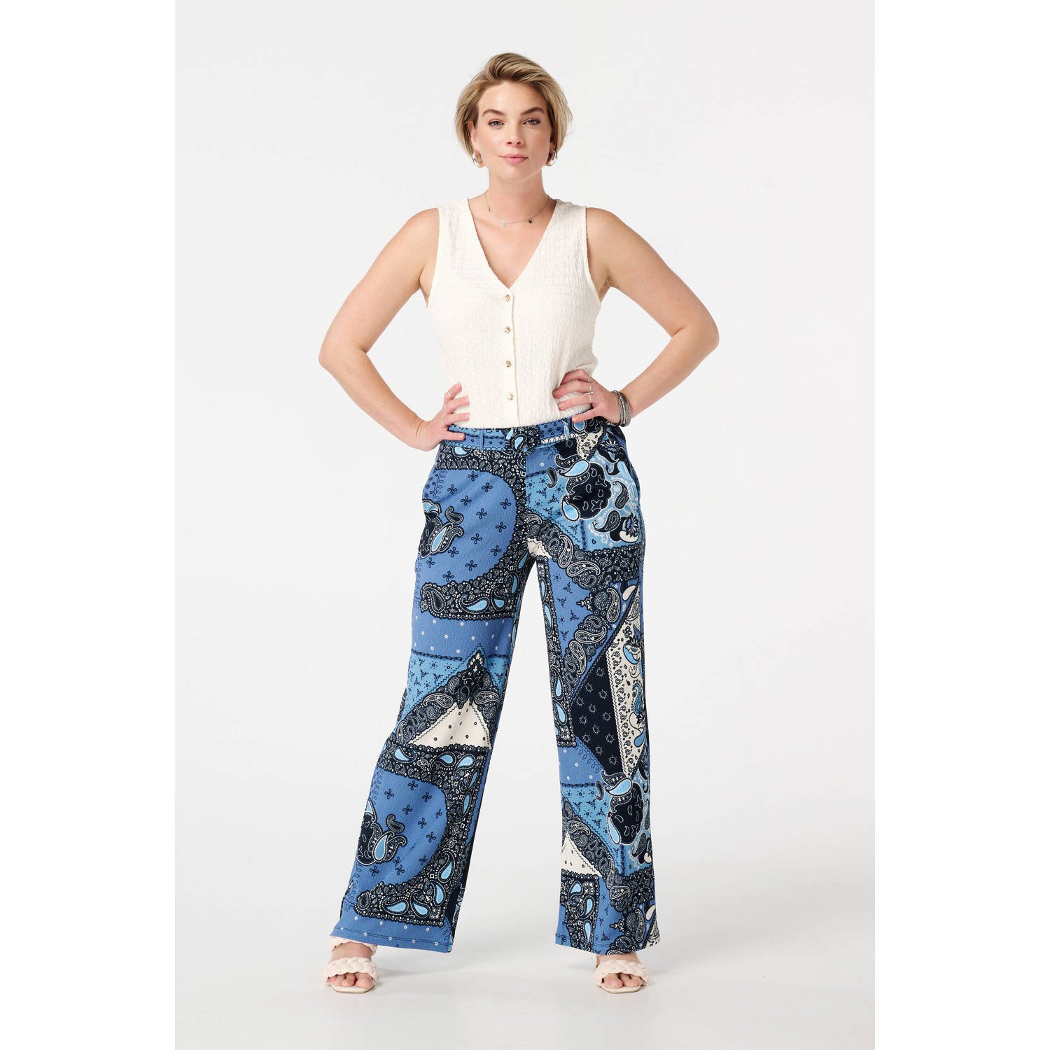 MS Mode wide leg regular waist palazzo broek blauw
