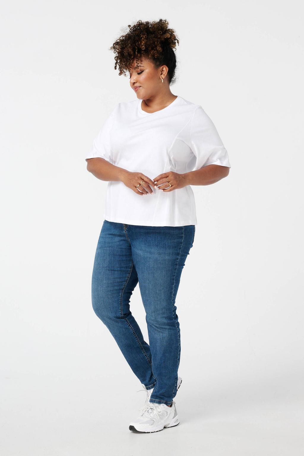 Dark blue denim dames MS Mode high waist skinny jeans dark blue van denim met rits- en knoopsluiting en effen