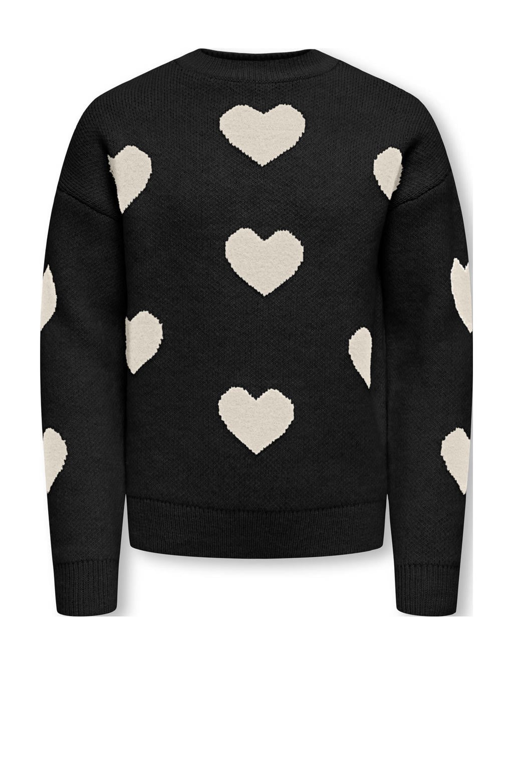 Zwart en ecru meisjes KIDS ONLY GIRL trui fijn gebreid van acryl met hartjesprint, lange mouwen en ronde hals