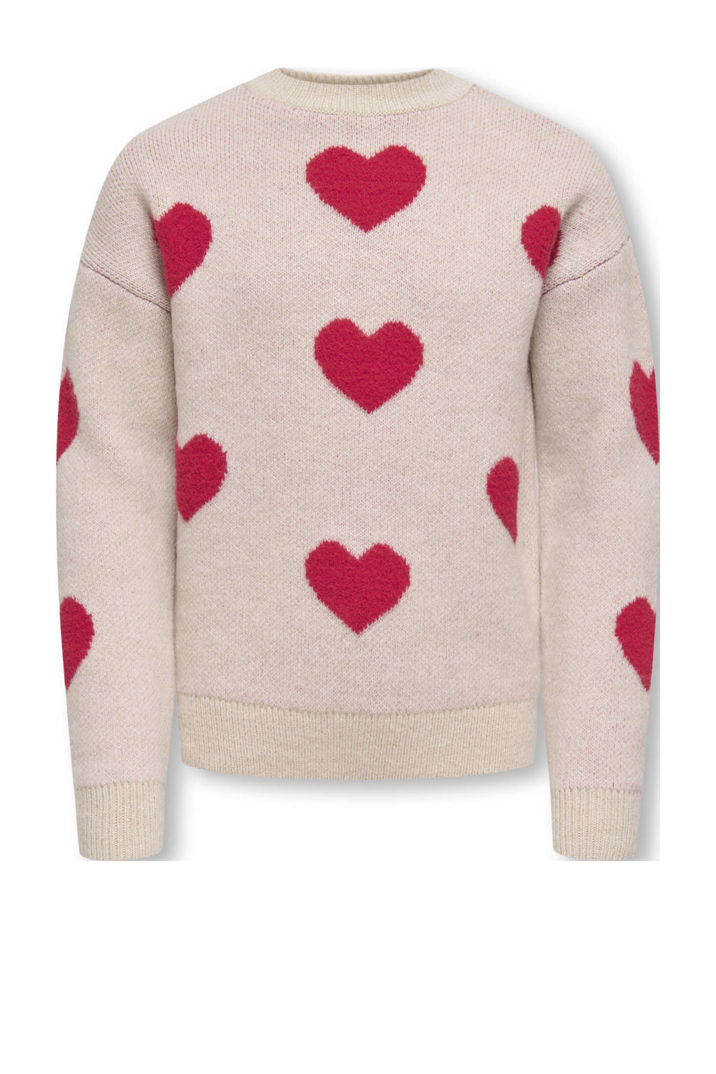 Ecru en rode meisjes KIDS ONLY GIRL trui fijn gebreid van acryl met hartjesprint, lange mouwen en ronde hals