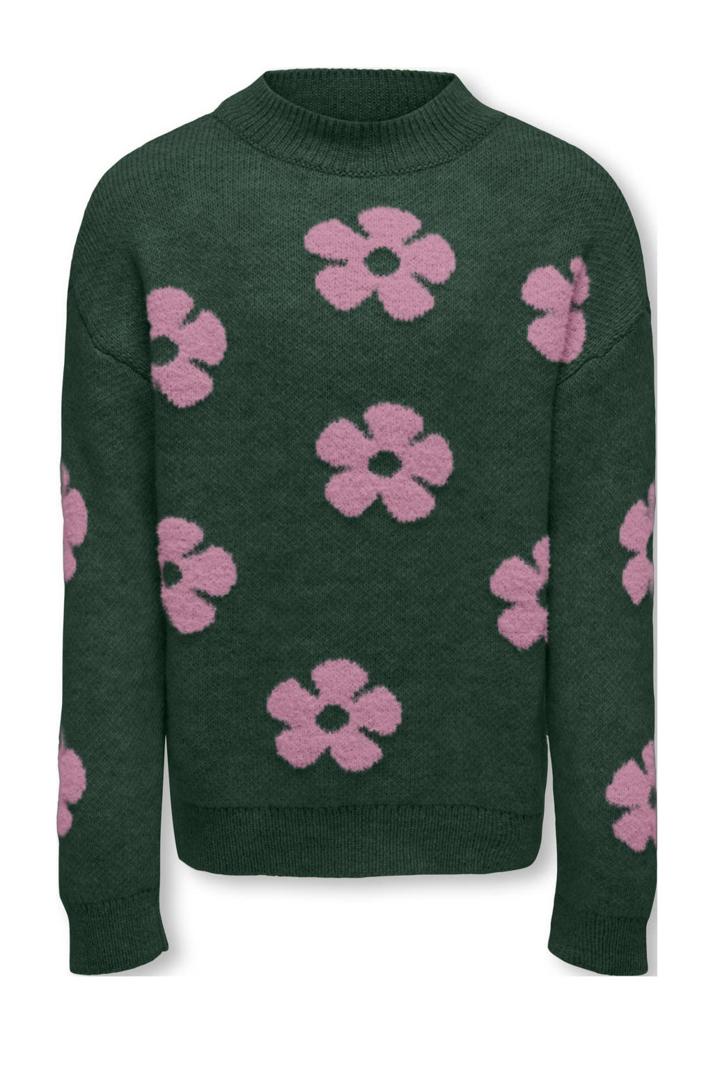Donkergroen en lilakleurige meisjes KIDS ONLY GIRL trui fijn gebreid van acryl met bloemenprint, lange mouwen en ronde hals
