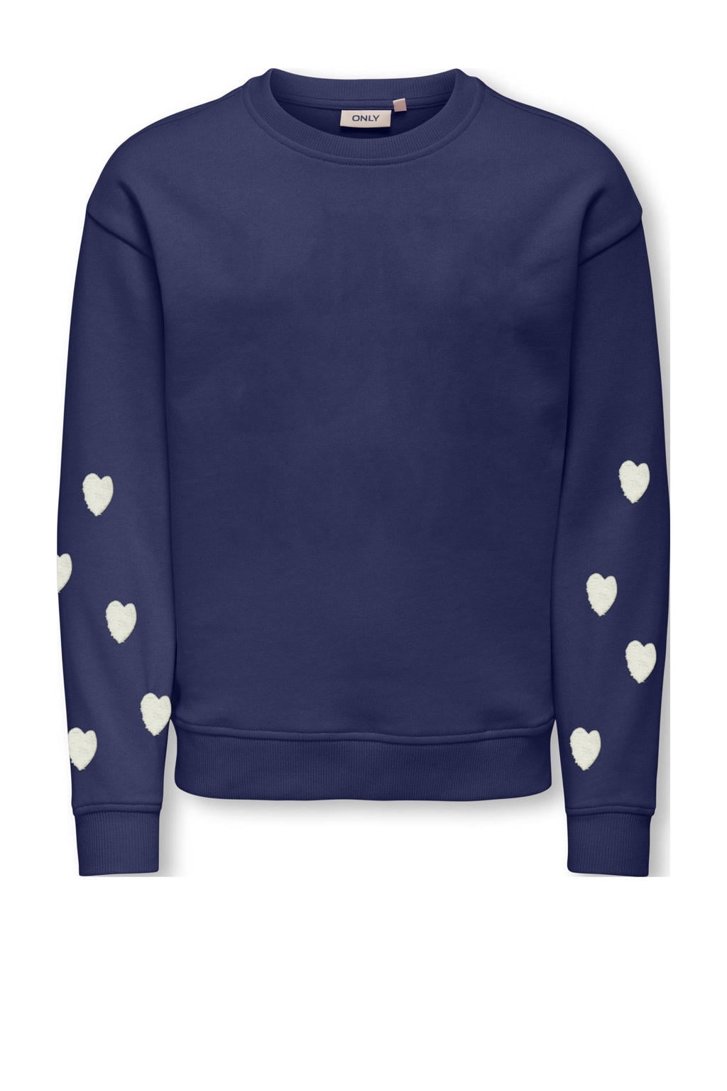 Donkerblauwe meisjes KIDS ONLY GIRL sweater met hartjesprint, lange mouwen, ronde hals en borduursels