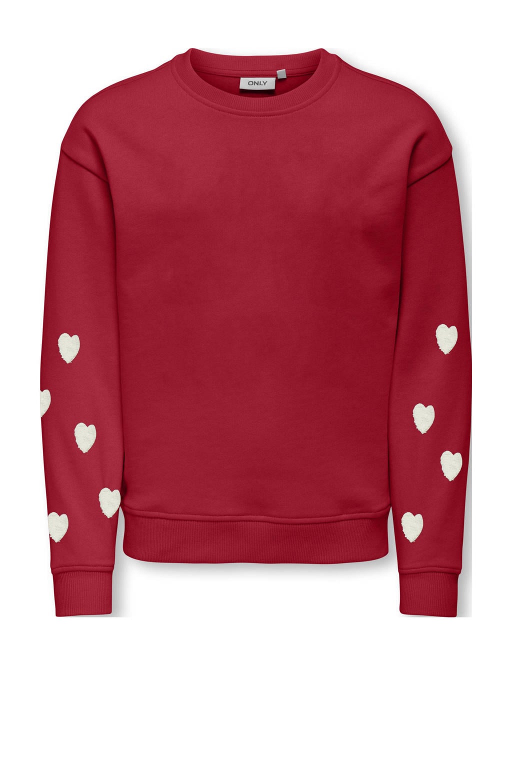 Rode meisjes KIDS ONLY GIRL sweater met hartjesprint, lange mouwen, ronde hals en borduursels
